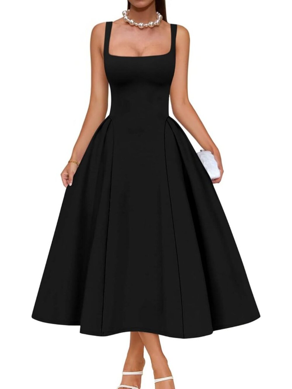 Women's Black Elegant Square Neck Sleeveless Swing A Line Solid Midi Dress